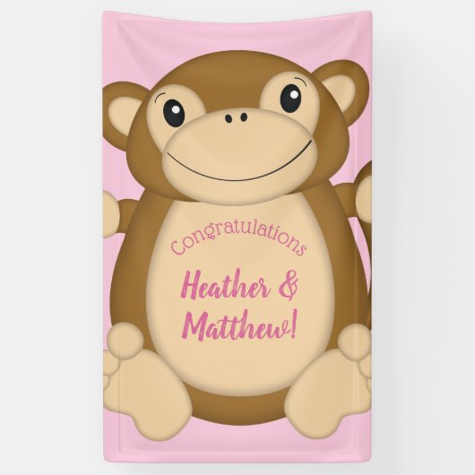 Monkey Baby shower Roze Spandoek (Verticaal)