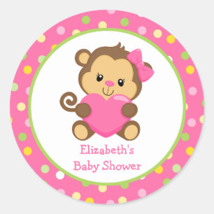 Monkey Baby shower Sticker, roze en groen Ronde Sticker