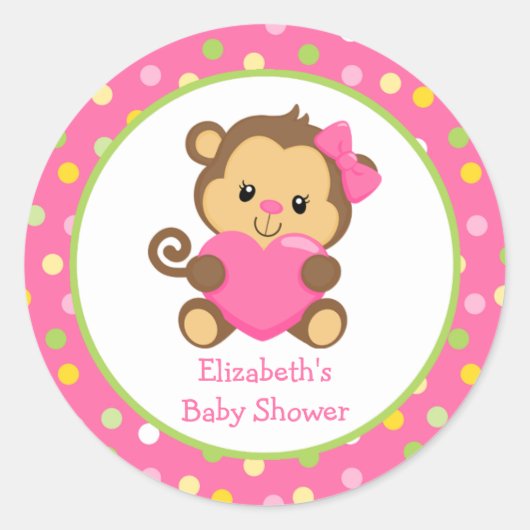 Monkey Baby shower Sticker, roze en groen Ronde Sticker (Voorkant)