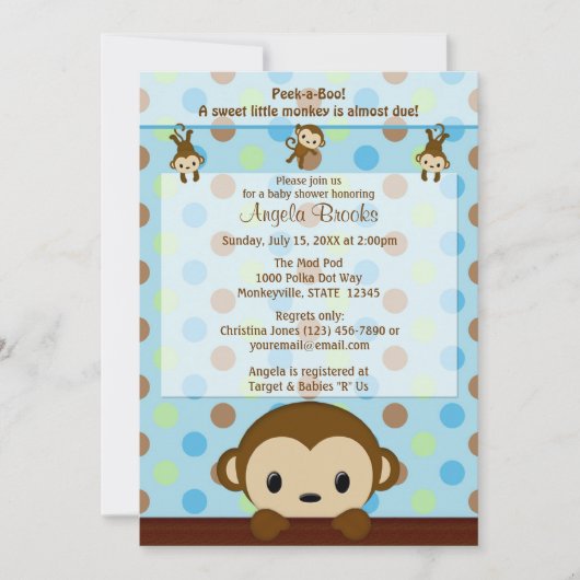 MONKEY Baby shower suitnodiging Polka Dot BLUE GRE Kaart (Voorkant)