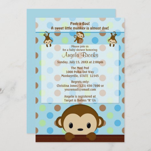 MONKEY Baby shower suitnodiging Polka Dot BLUE GRE Kaart (Voorkant / Achterkant)