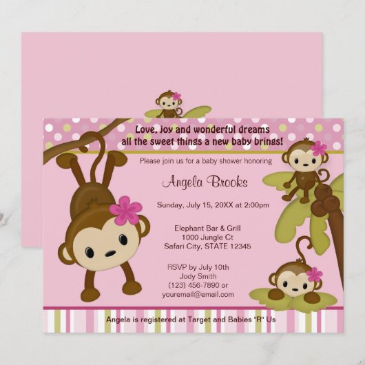 MONKEY Baby shower Uitnodiging 3 Kleine apen (Voorkant / Achterkant)