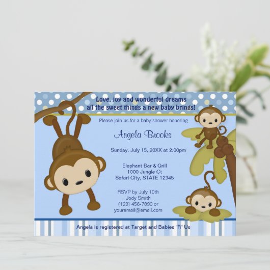 MONKEY Baby shower Uitnodiging 3 Kleine apen (Staand voorkant)