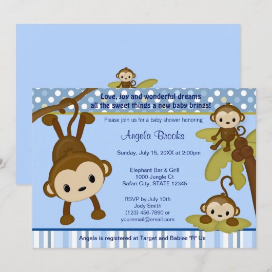 MONKEY Baby shower Uitnodiging 3 Kleine apen (Voorkant / Achterkant)