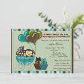 Monkey Baby shower Uitnodiging BLAUWGROEN (Staand voorkant)