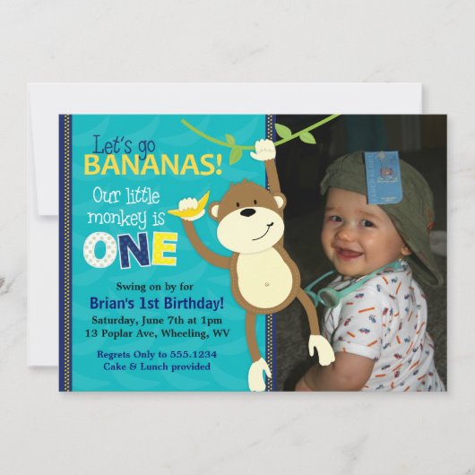 Monkey Bananas First Birthday Photo Invitations Kaart (Voorkant)