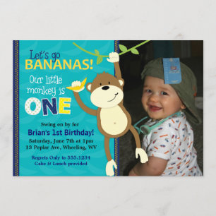 Monkey Bananas First Birthday Photo Invitations Kaart