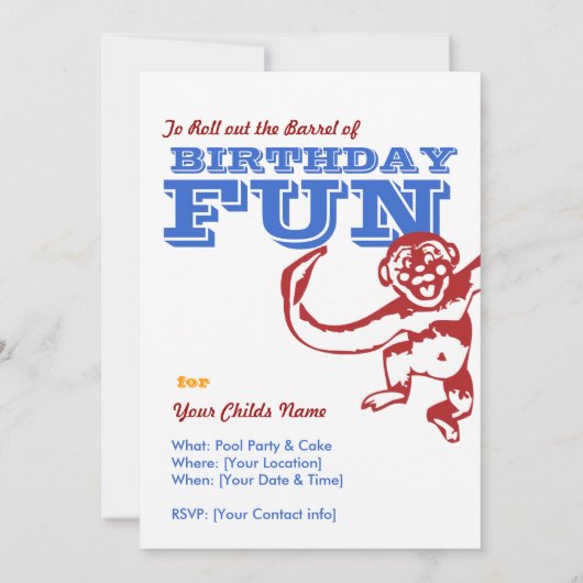 Monkey Barrel Birthday Uitnodiging (Achterkant)