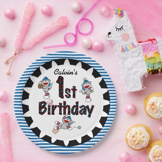 Monkey Baseball 1st Happy Birthday Paper Borden Papieren Bordje (Feest)