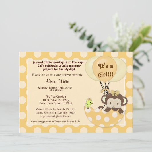 Monkey Birdie Umbrella Baby shower Invitation Kaart (Staand voorkant)