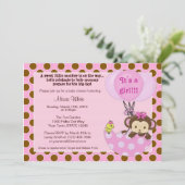 Monkey Birdie Umbrella Baby shower Invitation Kaart (Staand voorkant)