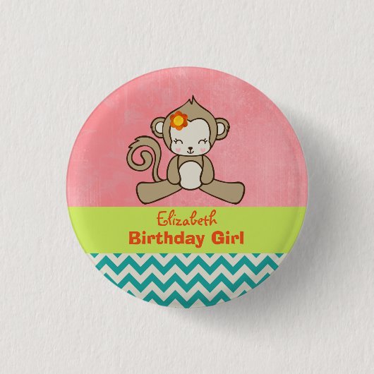 Monkey Birthday Girl Cute Kawaii Ronde Button 3,2 Cm (Voorkant)