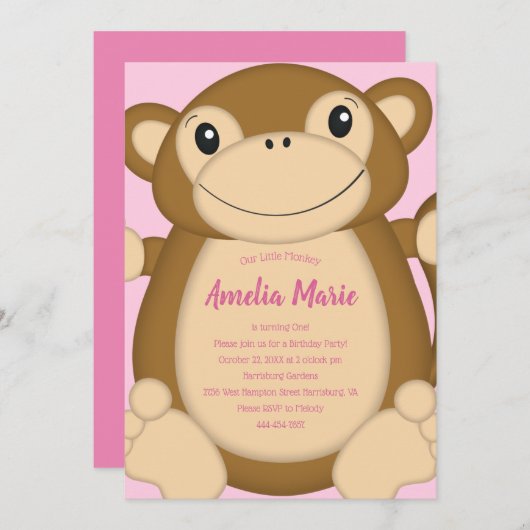 Monkey Birthday Party Pink Kaart (Voorkant / Achterkant)