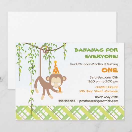 Monkey Birthday Uitnodiging (Voorkant / Achterkant)