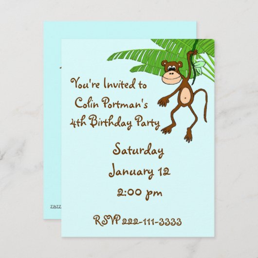 Monkey Birthday Uitnodiging (Voorkant / Achterkant)
