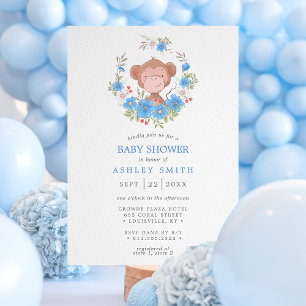 Monkey Blue Floral Boy Baby shower Kaart