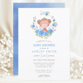 Monkey Blue Floral Boy Baby shower Kaart
