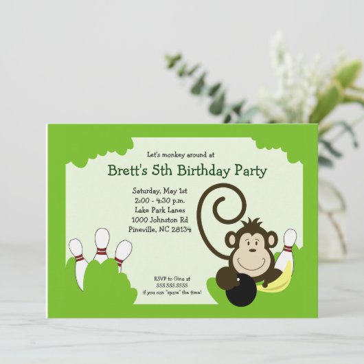Monkey Bowl Bowling Party (maandag, 15x7) Kaart (Staand voorkant)