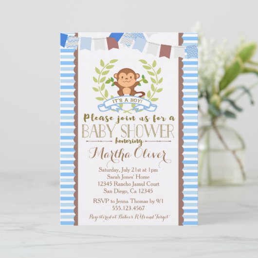 Monkey Boy Baby shower Uitnodiging (Staand voorkant)