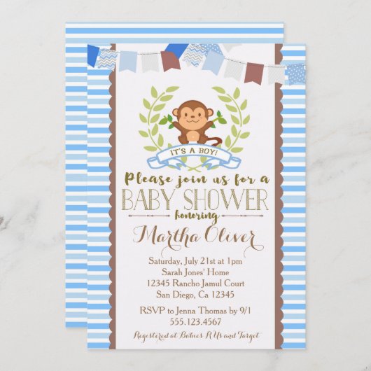 Monkey Boy Baby shower Uitnodiging (Voorkant / Achterkant)