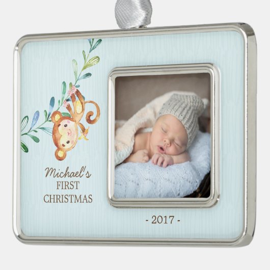 Monkey Boys Baby's Eerste Kerstmis Foto Ornament (Links)