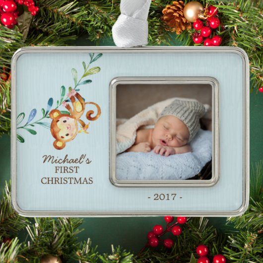 Monkey Boys Baby's Eerste Kerstmis Foto Ornament