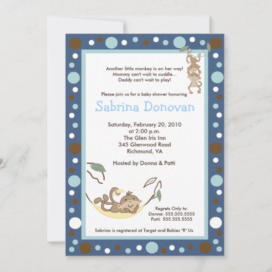 Monkey Business Dark Blue/Brown Baby shower Kaart (Voorkant)
