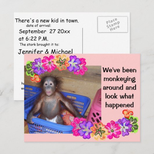 Monkey Business Nieuwe Baby Aankondigingskaart (Voorkant / Achterkant)