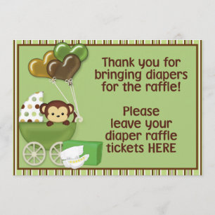 Monkey Carriage Grn Baby shower Diaper Raffle Sign Kaart