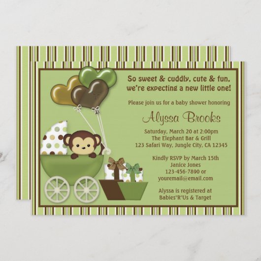 Monkey Carriage v1 Green Baby Shower-uitnodigingen Kaart (Voorkant / Achterkant)