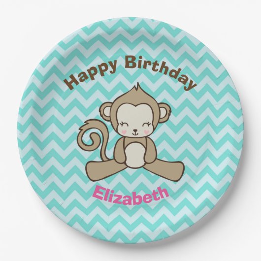 Monkey Cartoon Cute Kawaii Happy Birthday Papieren Bordje (Voorkant)
