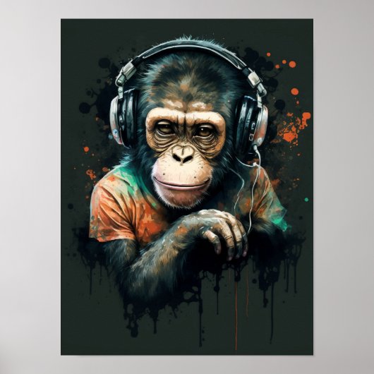 Monkey Chimp DJ met hoofdtelefoon, muziekliefhebbe Poster (Voorkant)