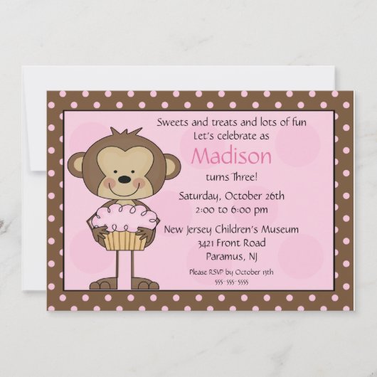 Monkey Cupcake Birthday Uitnodiging (Voorkant)