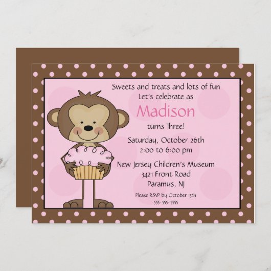 Monkey Cupcake Birthday Uitnodiging (Voorkant / Achterkant)