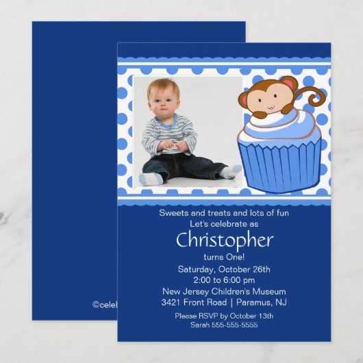 Monkey Cupcake Foto Birthday Uitnodiging (Voorkant / Achterkant)