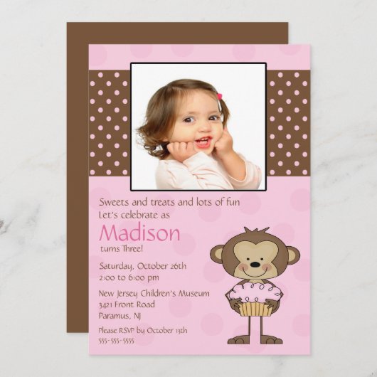 Monkey Cupcake Foto Birthday Uitnodiging (Voorkant / Achterkant)