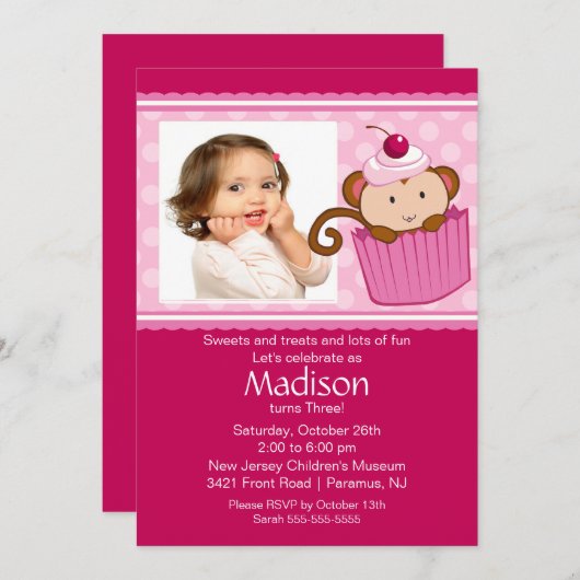 Monkey Cupcake Foto Birthday Uitnodiging (Voorkant / Achterkant)