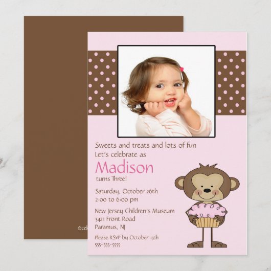 Monkey Cupcake Foto Birthday Uitnodiging (Voorkant / Achterkant)