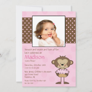 Monkey Cupcake Photo Birthday Invitation Kaart