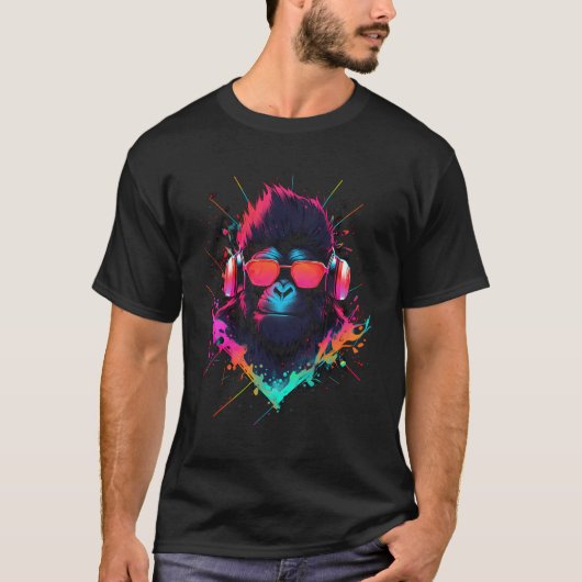 Monkey DJ met hoofdtelefoon en zonnebril disco T-shirt (Voorkant)
