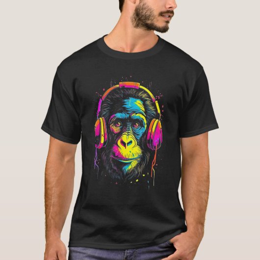 Monkey DJ with Headphones  Music Deejay Disc Jocke T-shirt (Voorkant)