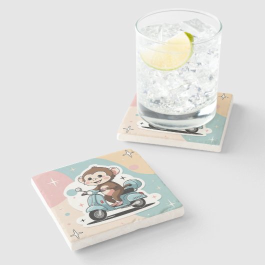 Monkey driving a scooter stenen onderzetter (Zijkant)