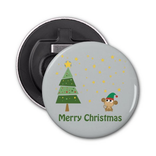 Monkey Elf Kerstmis Scene Button Flesopener (Voorkant)