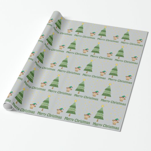 Monkey Elf Kerstmis Scene Cadeaupapier (Uitgerold)
