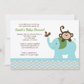 Monkey en Elephant Blue/Silver Chevron Uitnodiging (Voorkant)