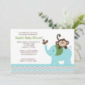 Monkey en Elephant Blue/Silver Chevron Uitnodiging (Staand voorkant)