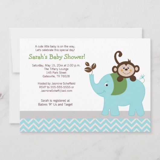 Monkey en Elephant Light Blue Chevron Baby shower Kaart (Voorkant)