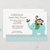 Monkey en Elephant Light Blue Chevron Baby shower Kaart (Voorkant / Achterkant)