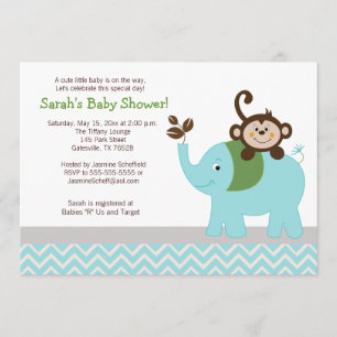 Monkey en Elephant Light Blue Chevron Baby shower Kaart