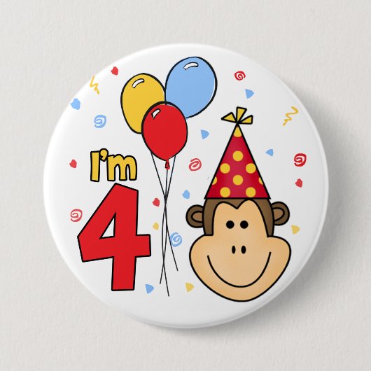 Monkey Face 4th Birthday Ronde Button 7,6 Cm (Voorkant)